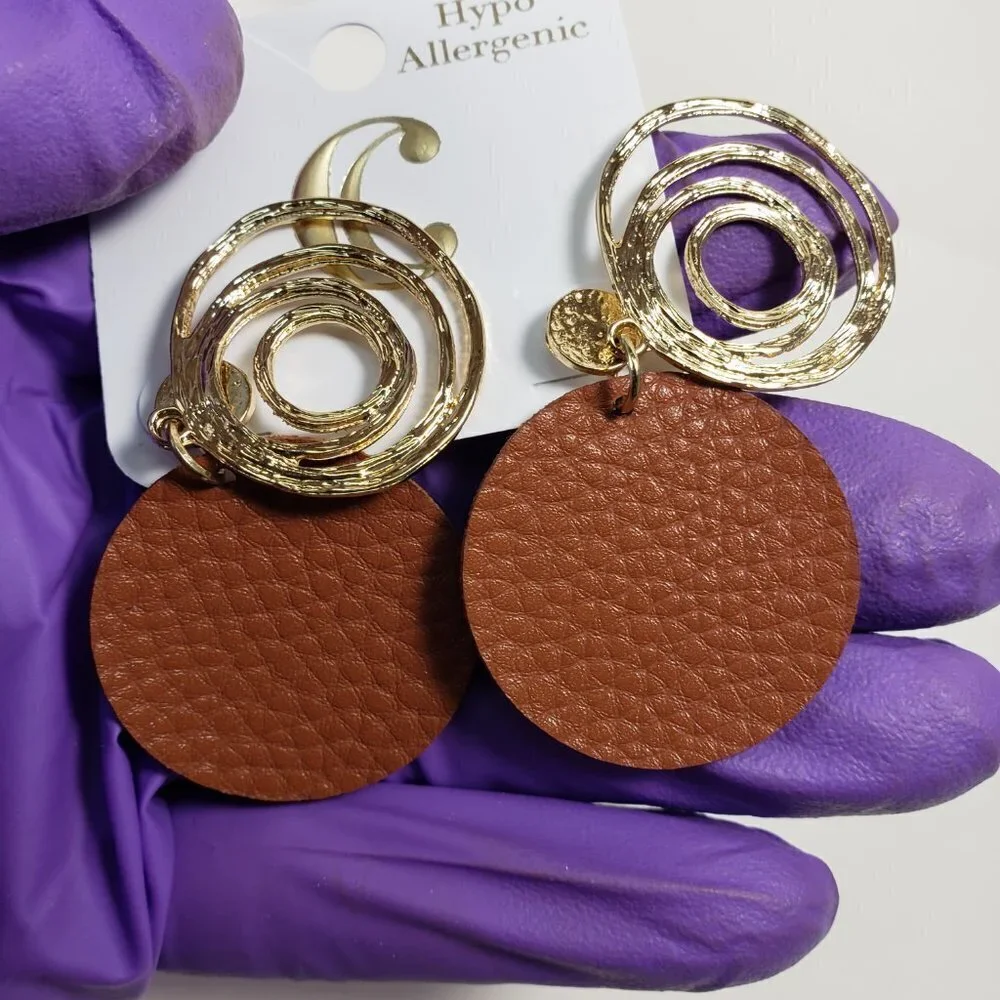 Stylish Gold Spiral Hoop & Brown Leather Drop Stud Earrings 4 Fashionable Women